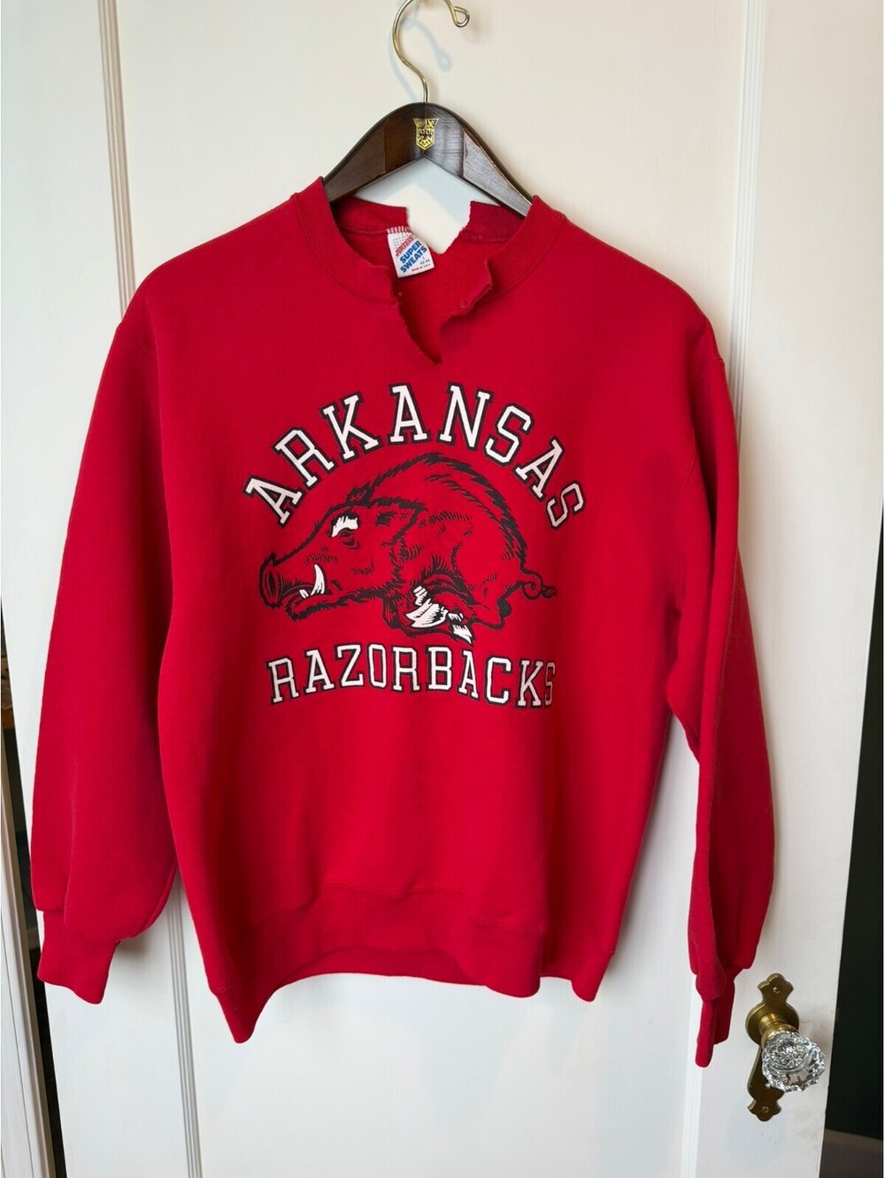 Vintage 90's Arkansas Razorbacks Distressed Red Sweatshirt USA Made Large